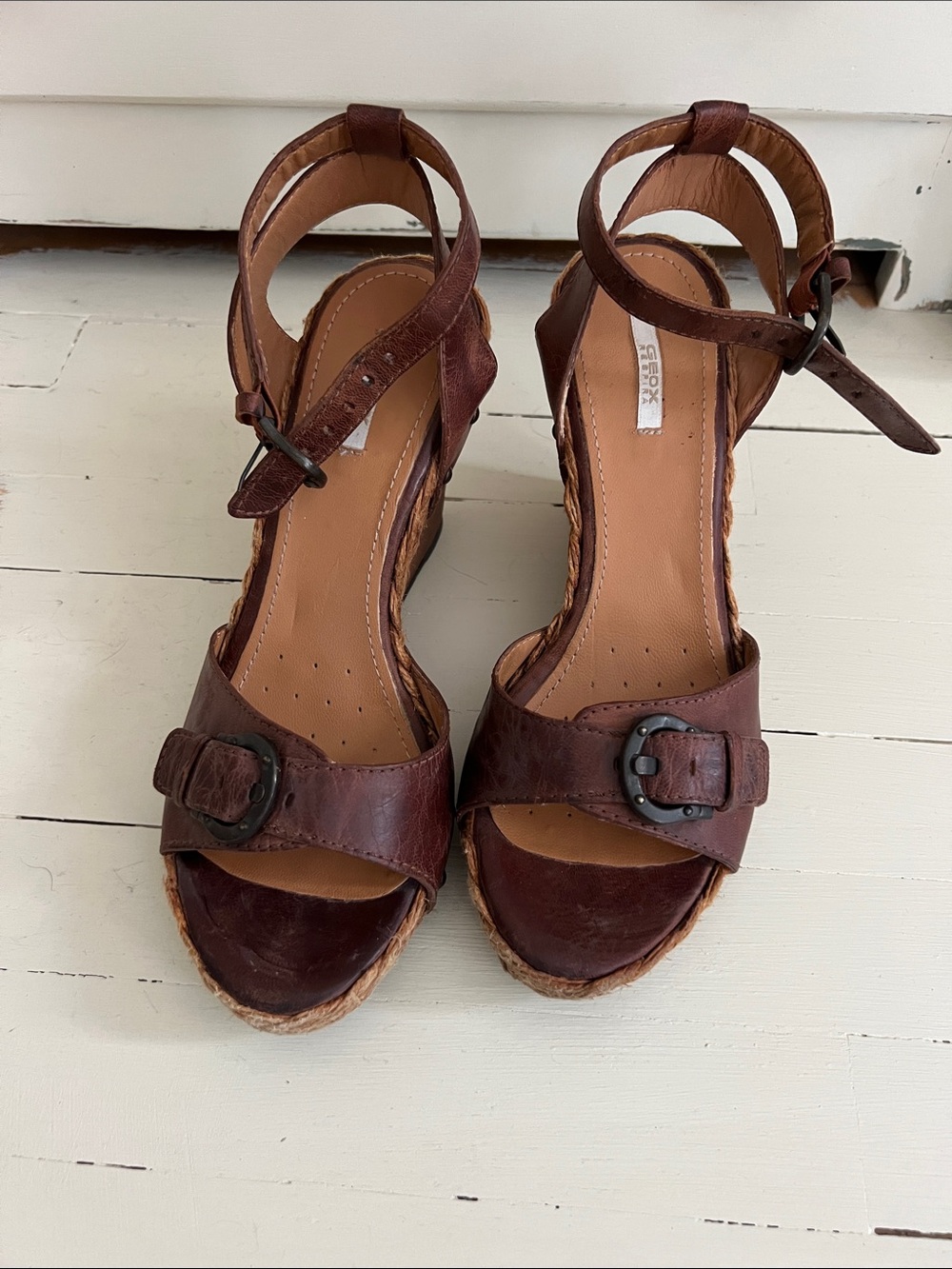 Geox Brown Leather Wedge Sandals with Ankle Strap